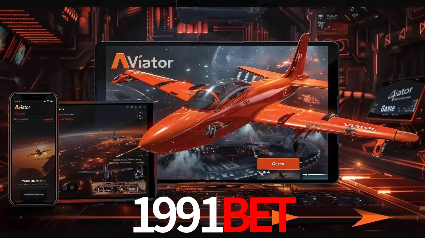 Apresentação tecnológica do jogo Aviator com um avião saindo da tela de um tablet, demonstrando a experiência imersiva em múltiplos dispositivos no 1991bet.