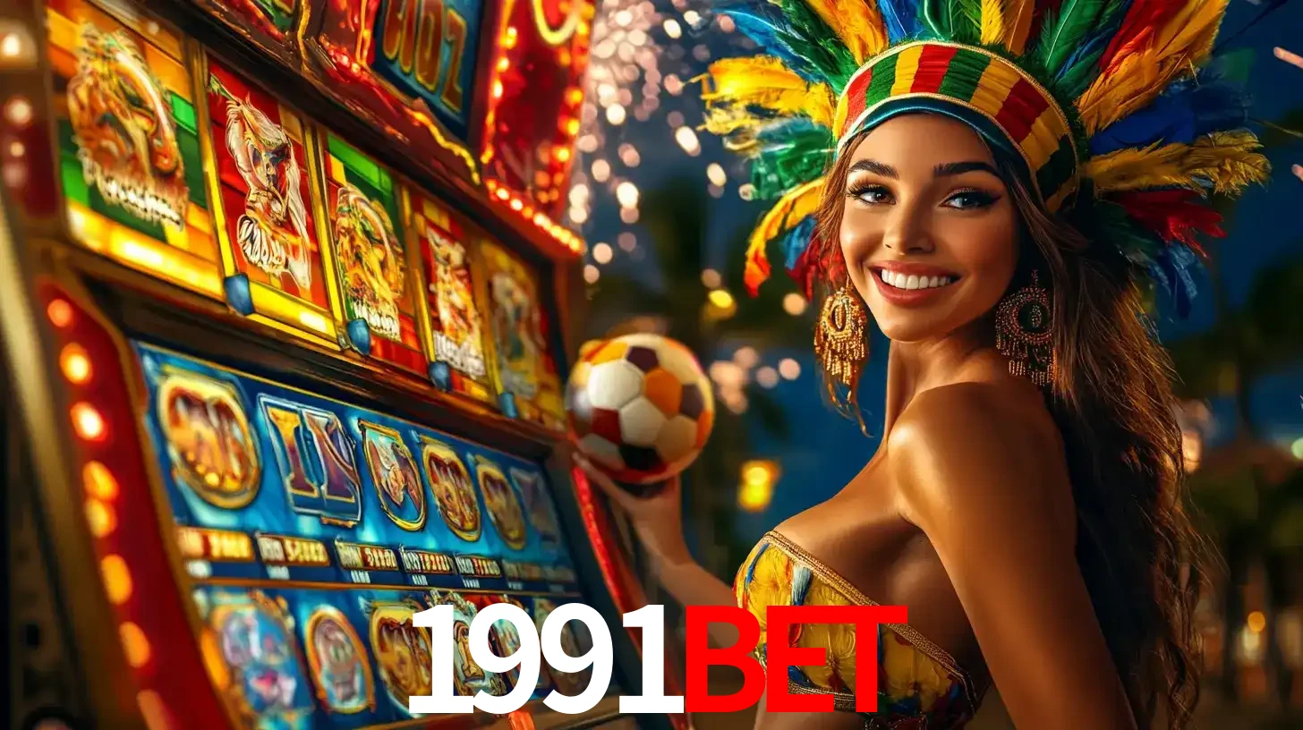 Mulher com um cocar de carnaval ao lado de uma máquina de caça-níqueis enquanto segura uma bola de futebol, mostrando a união da diversão de cassino e esportes no 1991bet.