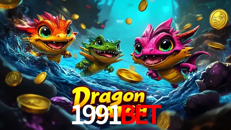 Arte promocional do jogo Dragon Hatch com três adoráveis dragões bebês nadando entre moedas de ouro, um dos slots mais divertidos para jogar no cassino 1991bet.