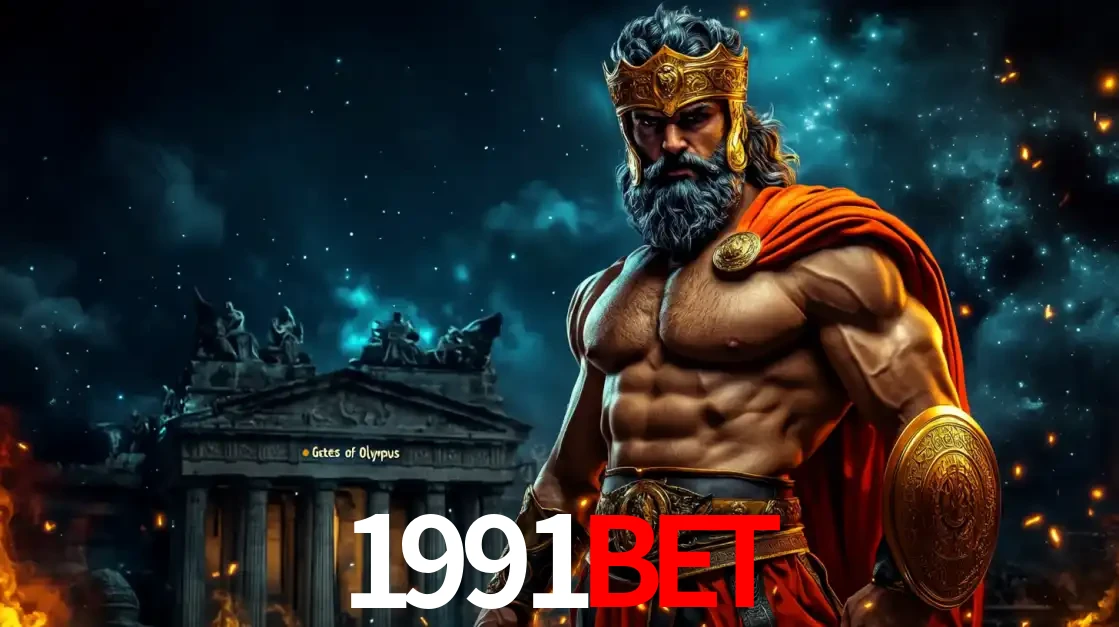 O poderoso Zeus do jogo de slot Gates of Olympus em frente ao seu templo, pronto para lançar multiplicadores divinos e prêmios épicos no cassino online 1991bet.
