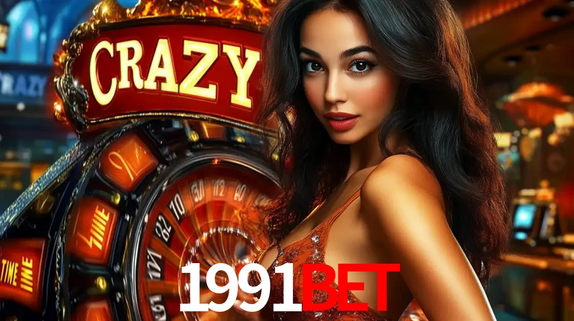 Mulher glamourosa olhando para a câmera com a roda vermelha do Crazy Time ao fundo em um ambiente de cassino, destacando a emoção dos jogos ao vivo no 1991bet.