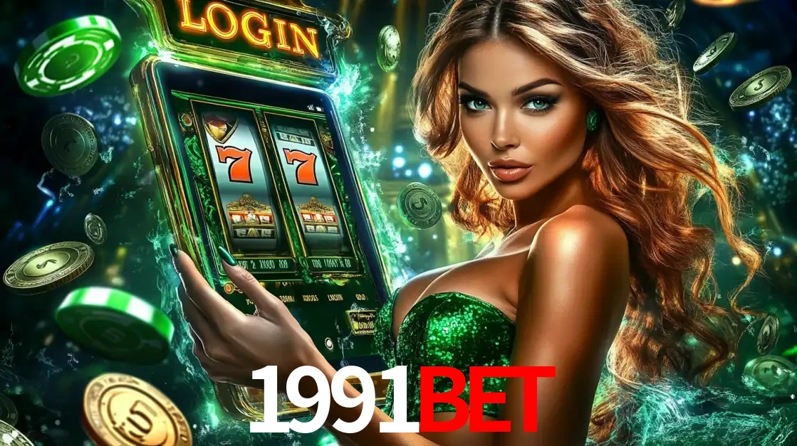 Mulher com tema verde apresentando o aplicativo do cassino 1991bet com um jogo de slot de 777, cercada por fichas de cassino e uma aura de sorte.