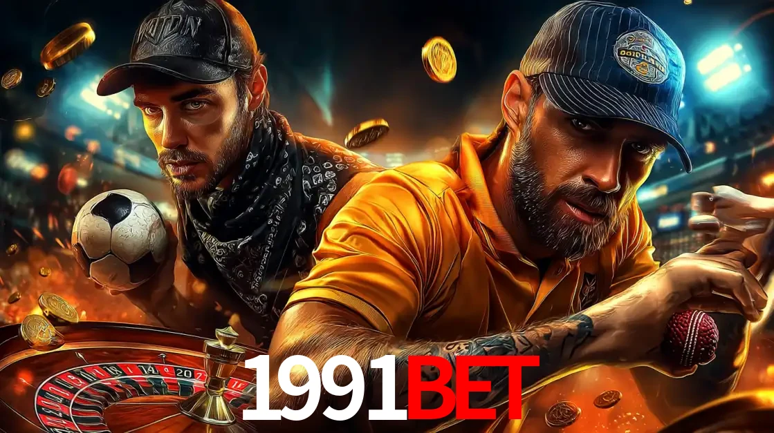 Montagem de apostas esportivas e cassino no 1991bet, com um homem segurando uma bola de futebol e outro uma de beisebol sobre uma roleta e moedas voadoras.