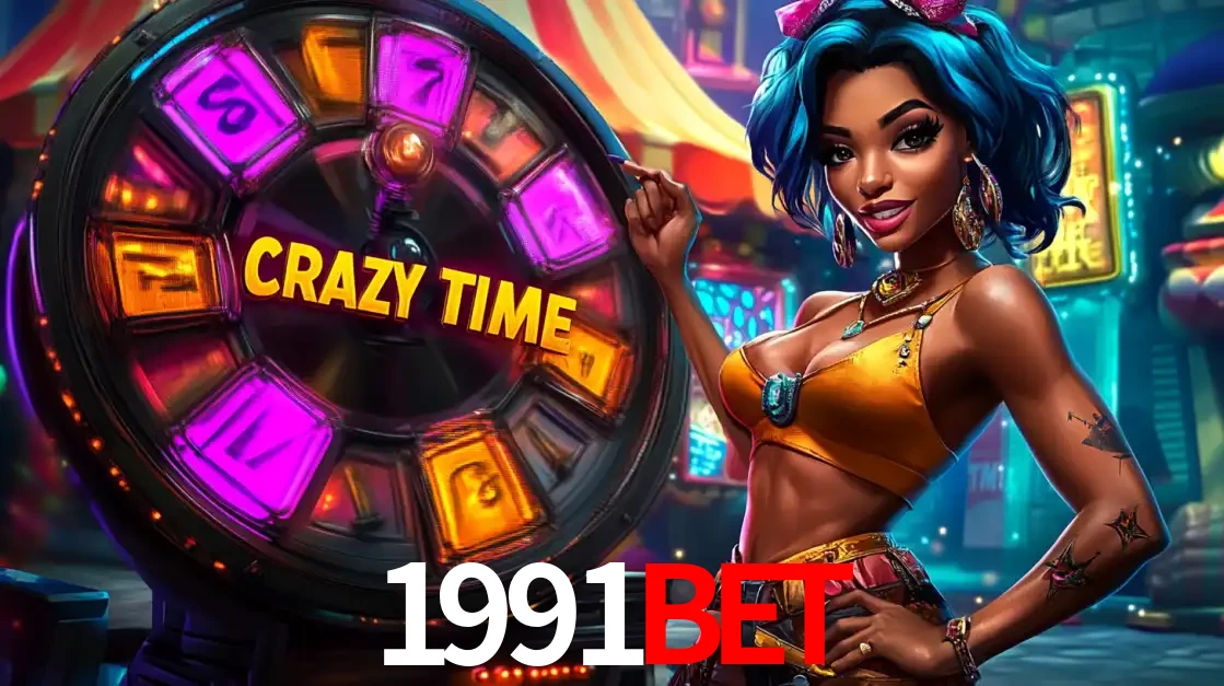 Mulher estilizada com cabelo azul e visual vibrante posando ao lado da roda de prêmios do game show Crazy Time, convidando para a diversão e os bônus do cassino 1991bet.