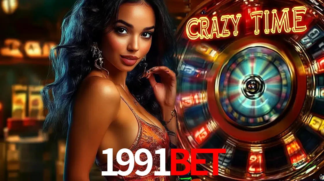 Mulher elegante ao lado da vibrante roda da fortuna do jogo de cassino ao vivo Crazy Time, um dos game shows mais populares e cheios de prêmios do 1991bet.