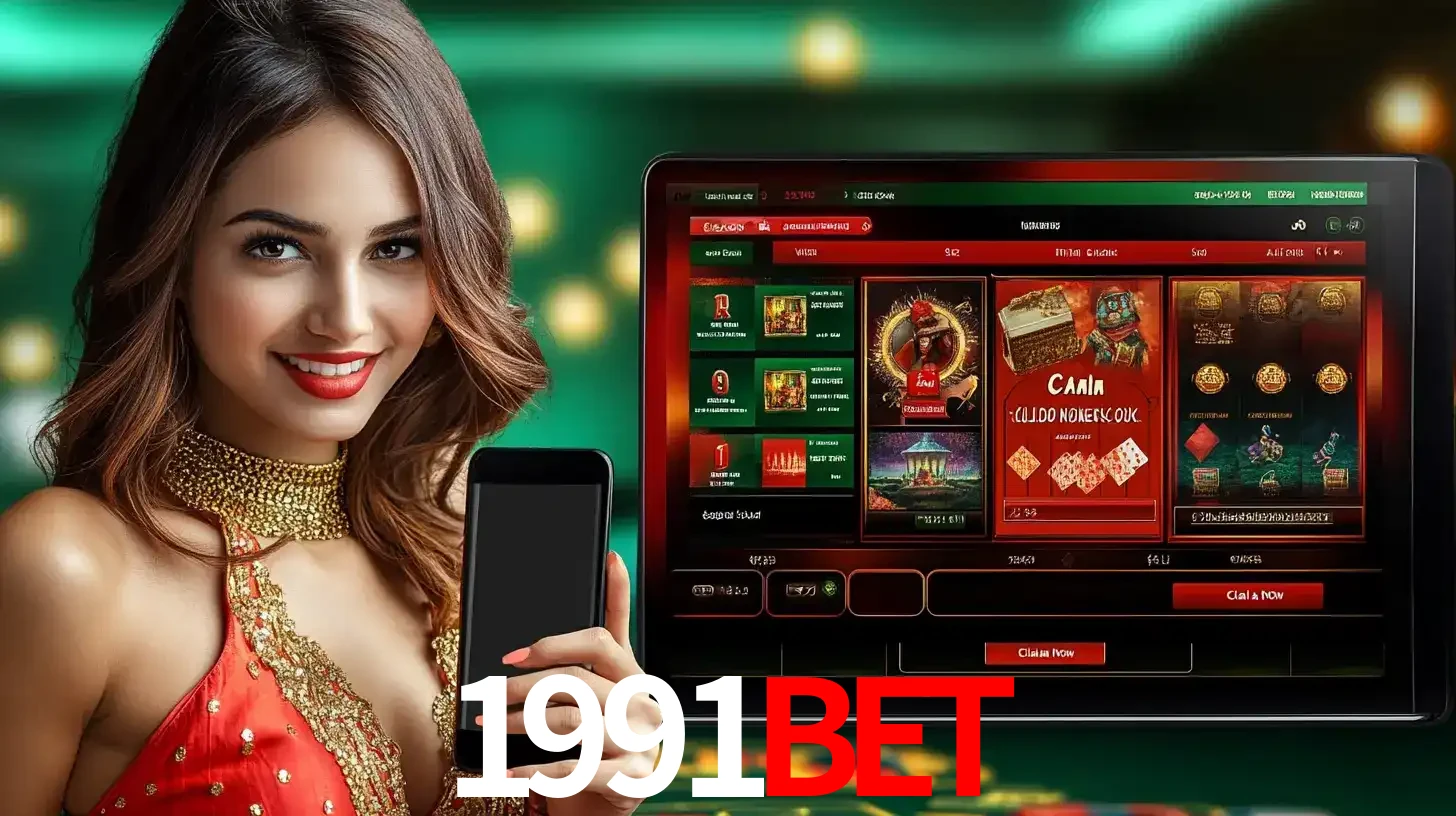 Mulher sorridente segurando um smartphone, ao lado de uma tela exibindo o lobby de jogos do cassino online 1991bet, com várias opções de jogos de cartas e slots.